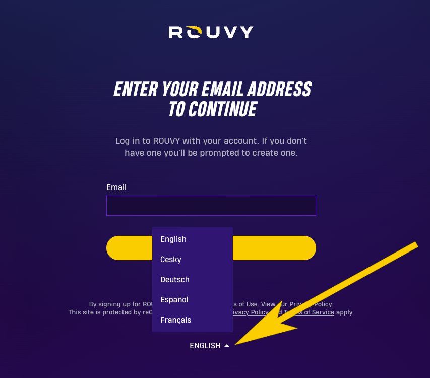 The language drop-down menu at the bottom of the sign-up page