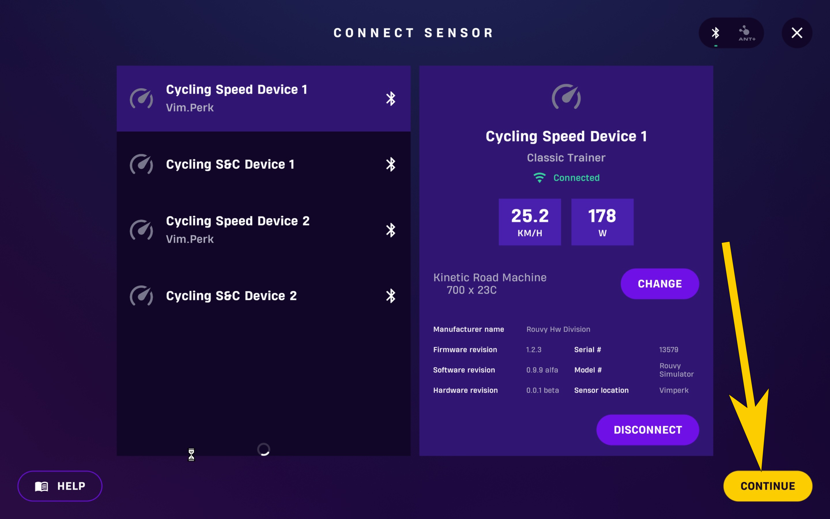 The sensor settings with a speed sensor or power meter ready to connect.