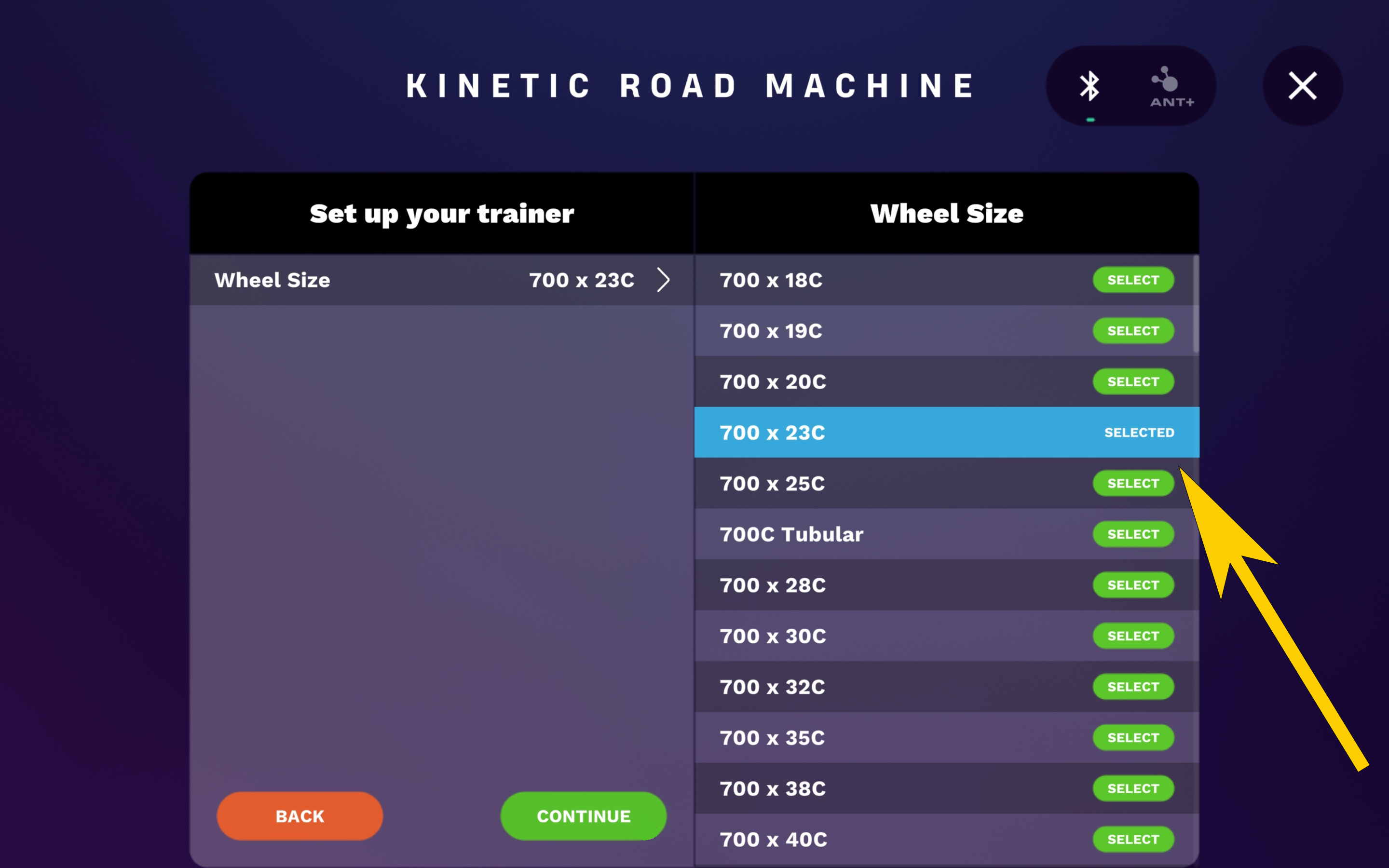 The trainer setup screen with the wheel size selection.