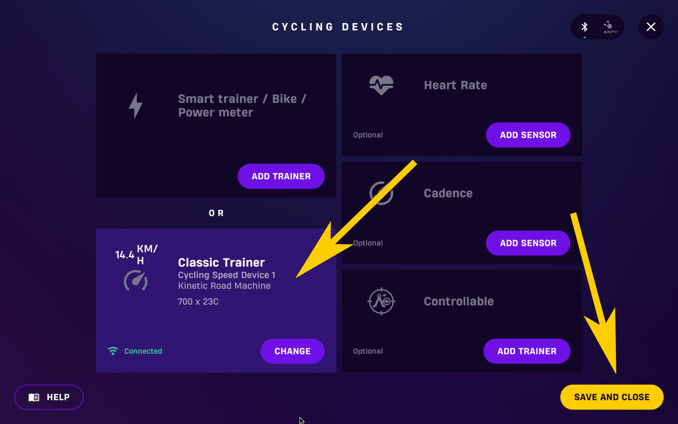 The sensors screen with a classic trainer connected and ready to ride.