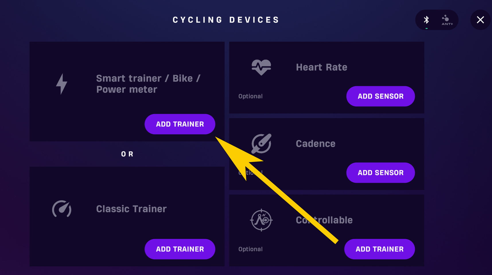The Smart trainer, Smart bike, and Power meter tile with the Add trainer button.