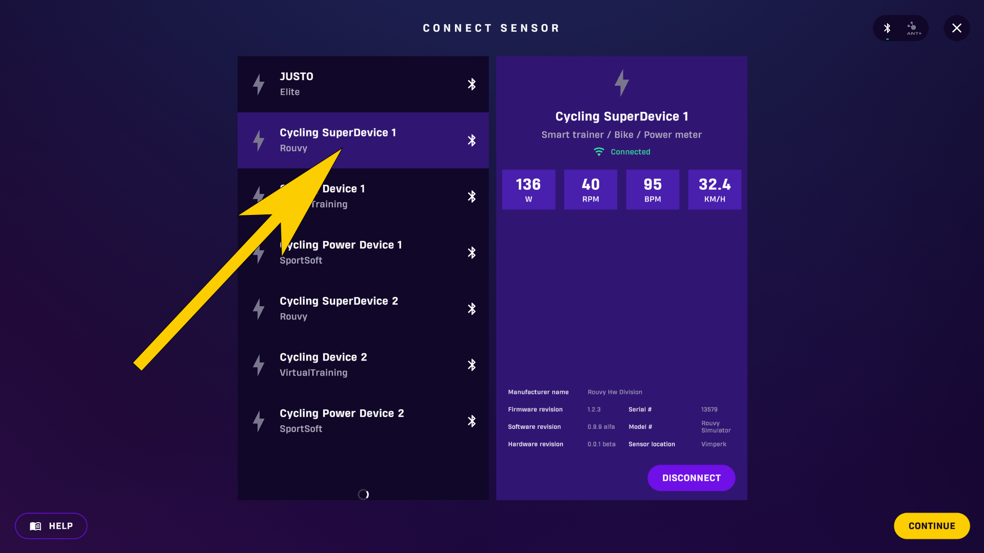 The list of found sensors with a smart trainer ready to connect.