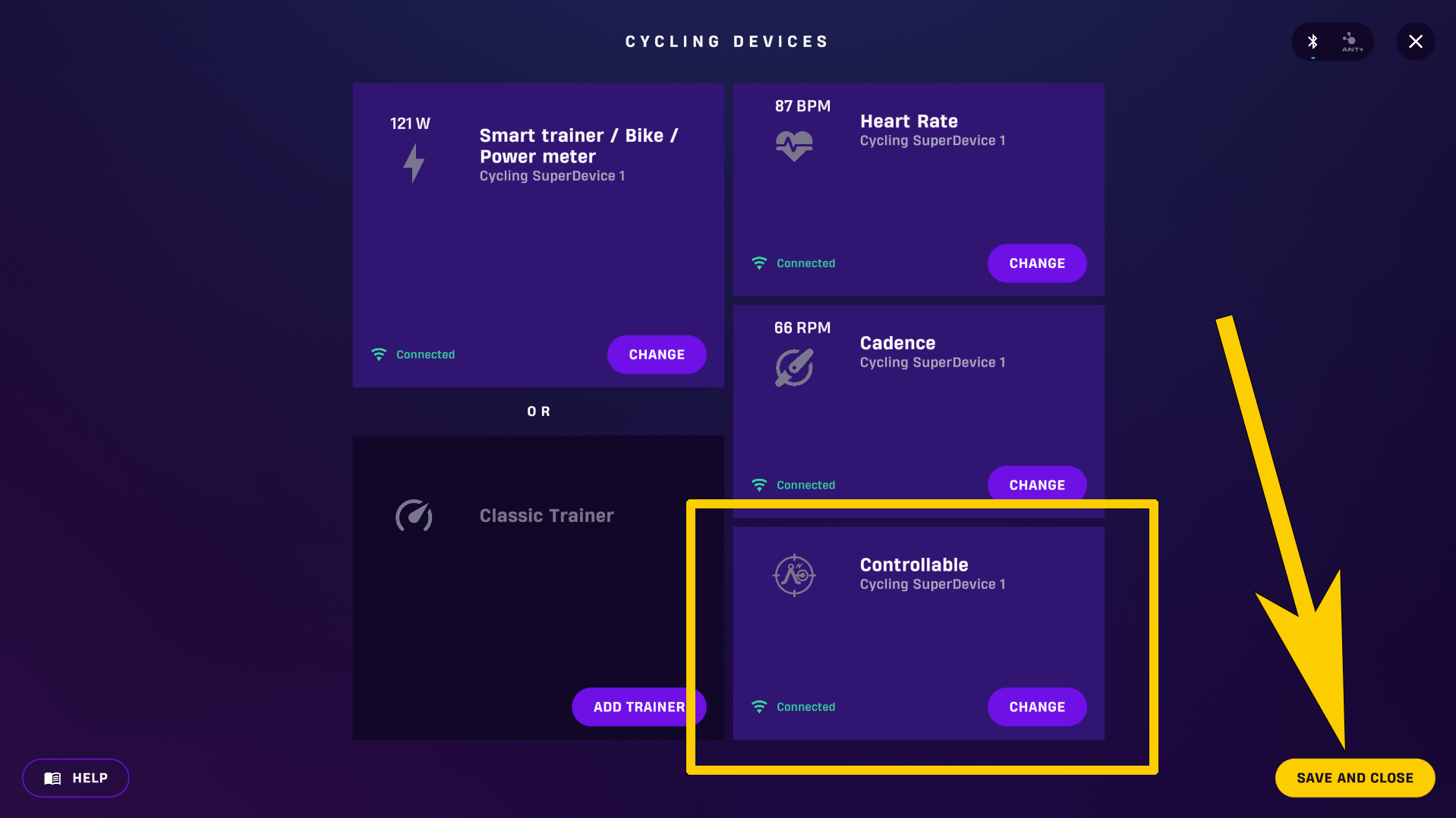 The sensors screen with a smart trainer connected as Controllable.