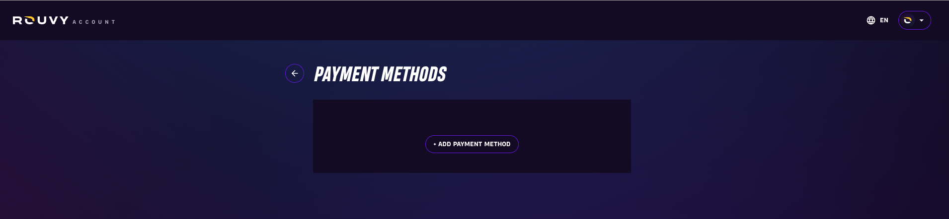 The Payment methods page in the ROUVY account portal, with the Add Payment Method button